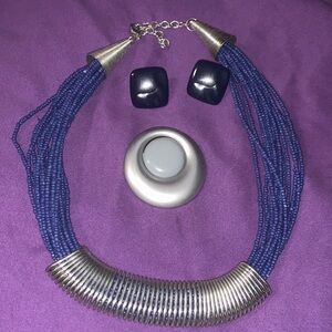 Vintage Silver and Blue Beaded Necklace Set